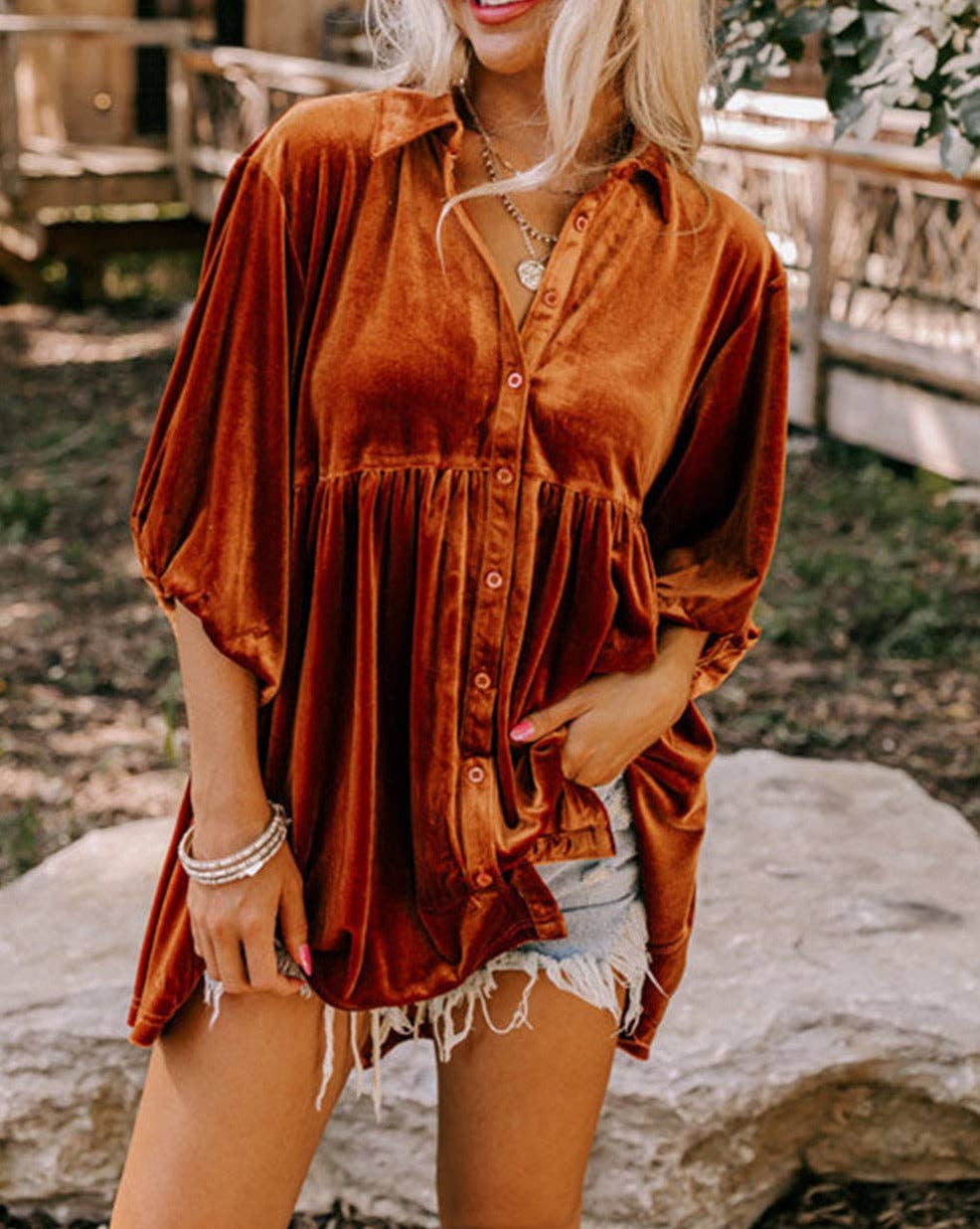 Velvet 3/4 Sleeve Tunic Babydoll Shirt: Pale Khaki / 95%Polyester+5%Elastane / S