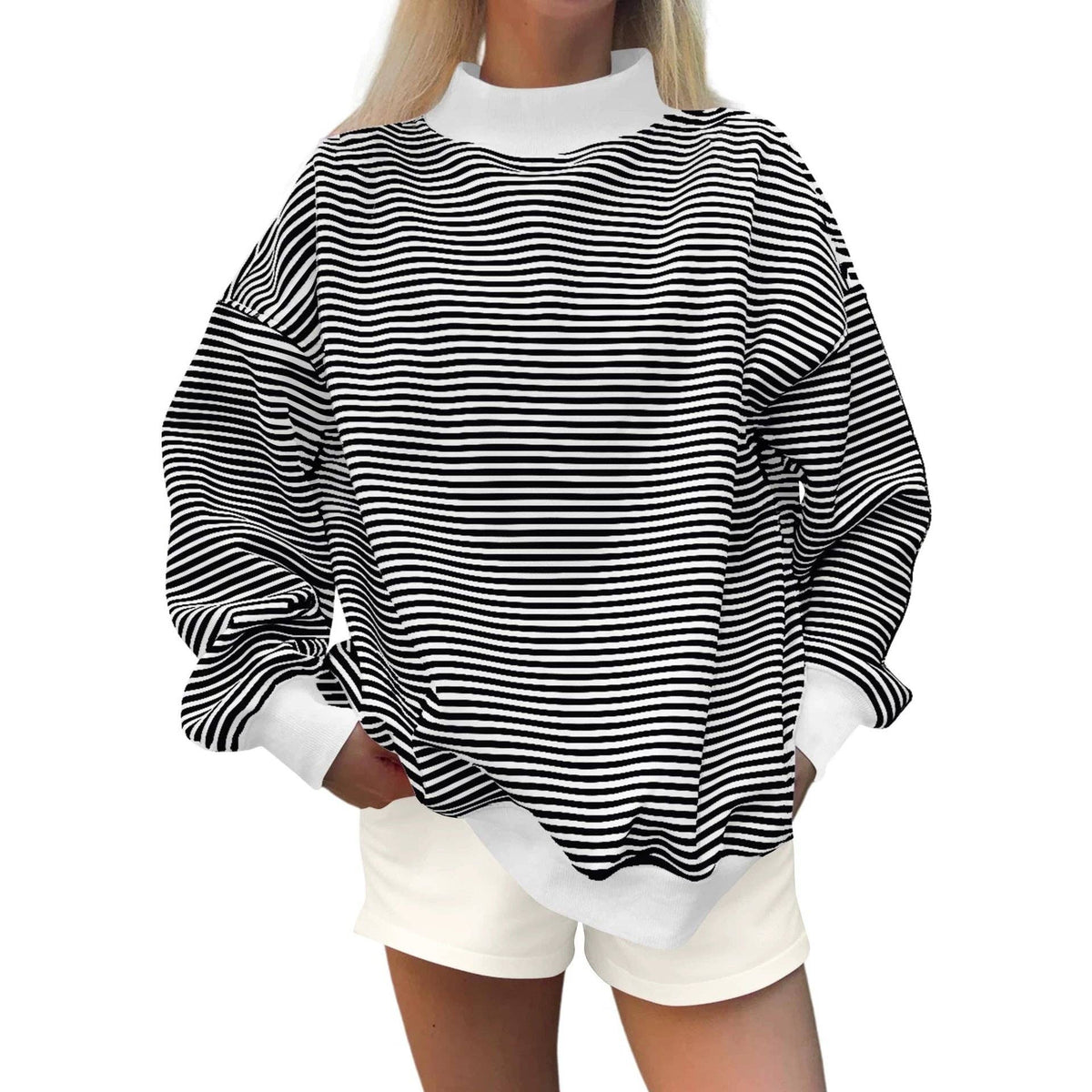 Oversized Striped Mock Neck Sweatshirt: Black / S