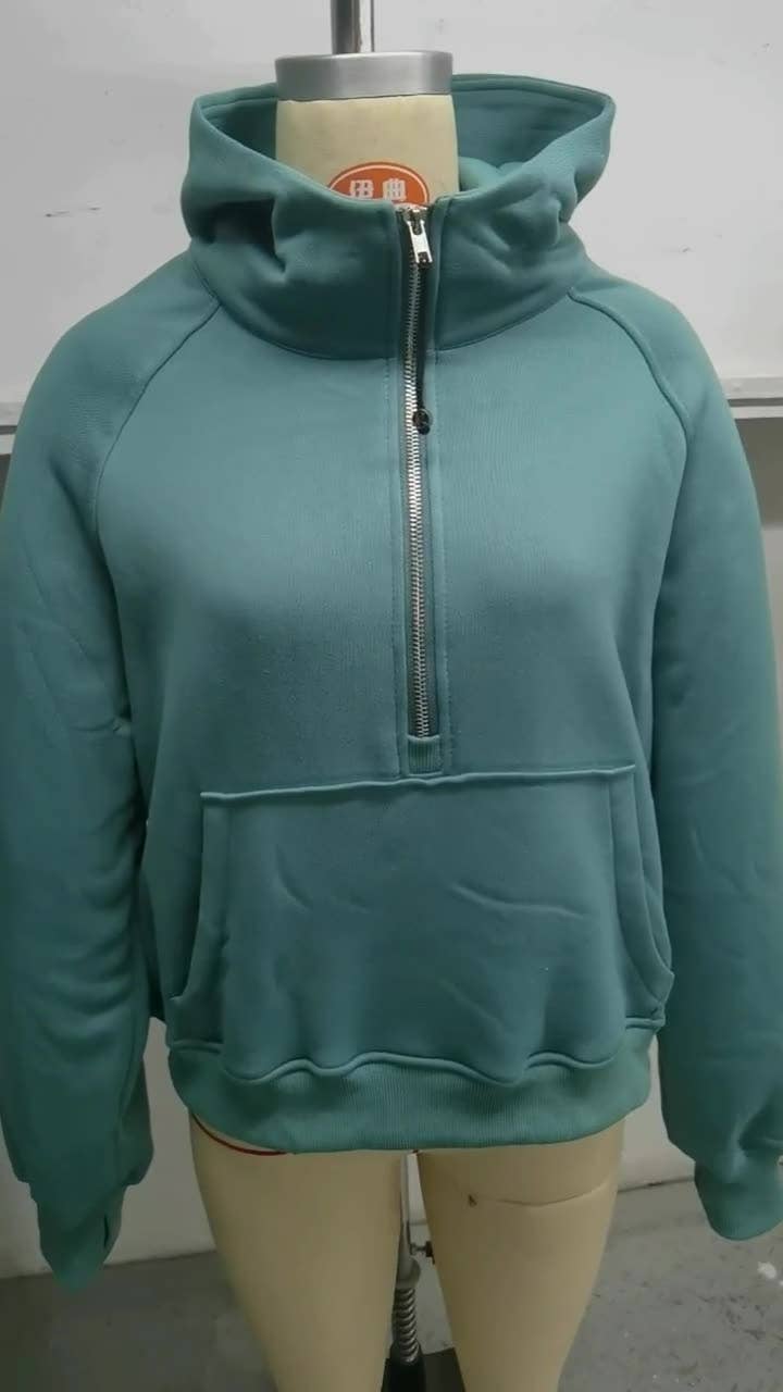 Athleisure half zip fleece hoodie funnel neck jacket: Ash / L