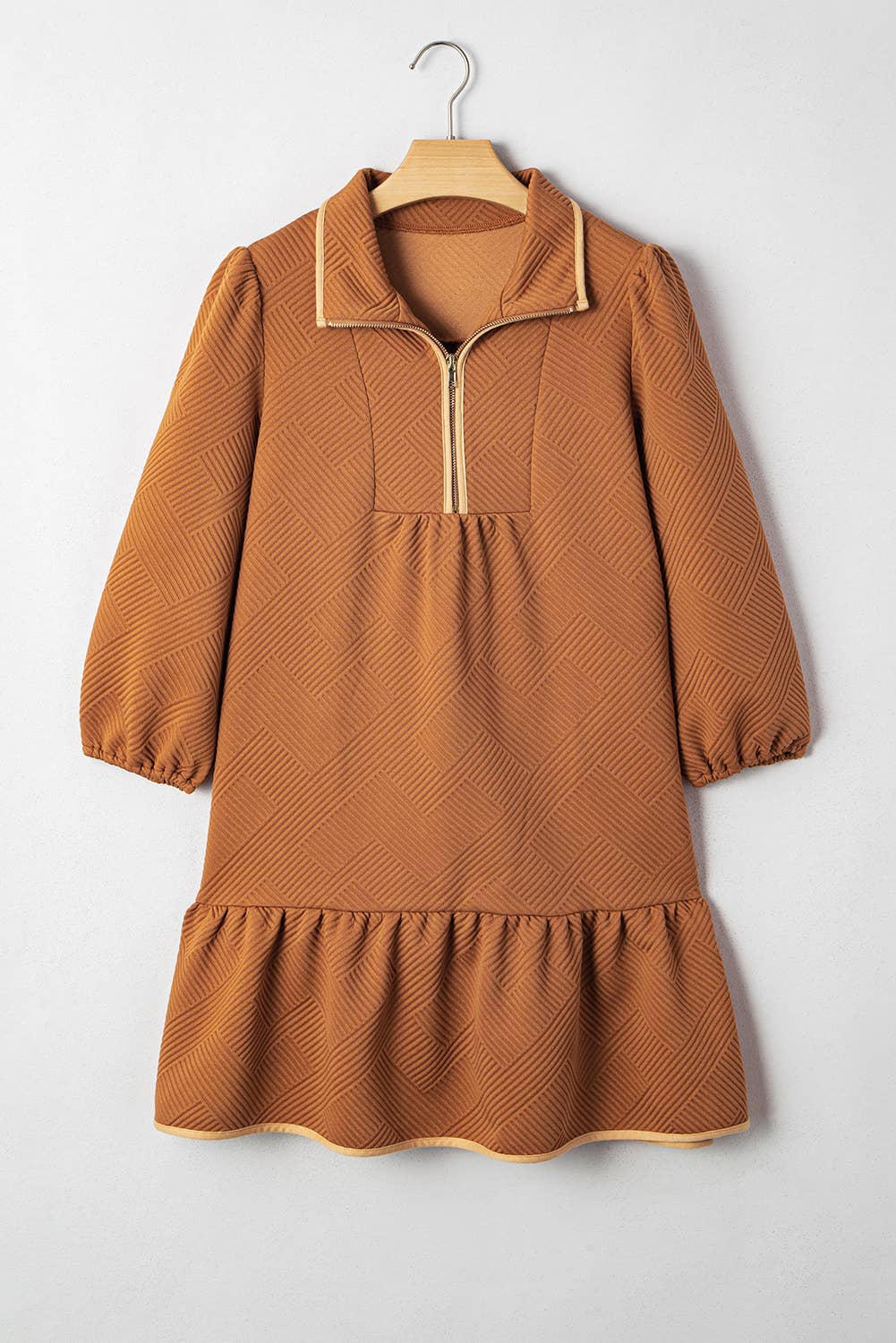 LDC Quarter Zip Collar Bracelet Sleeve Textured Mini Dress: Desert Gold / M