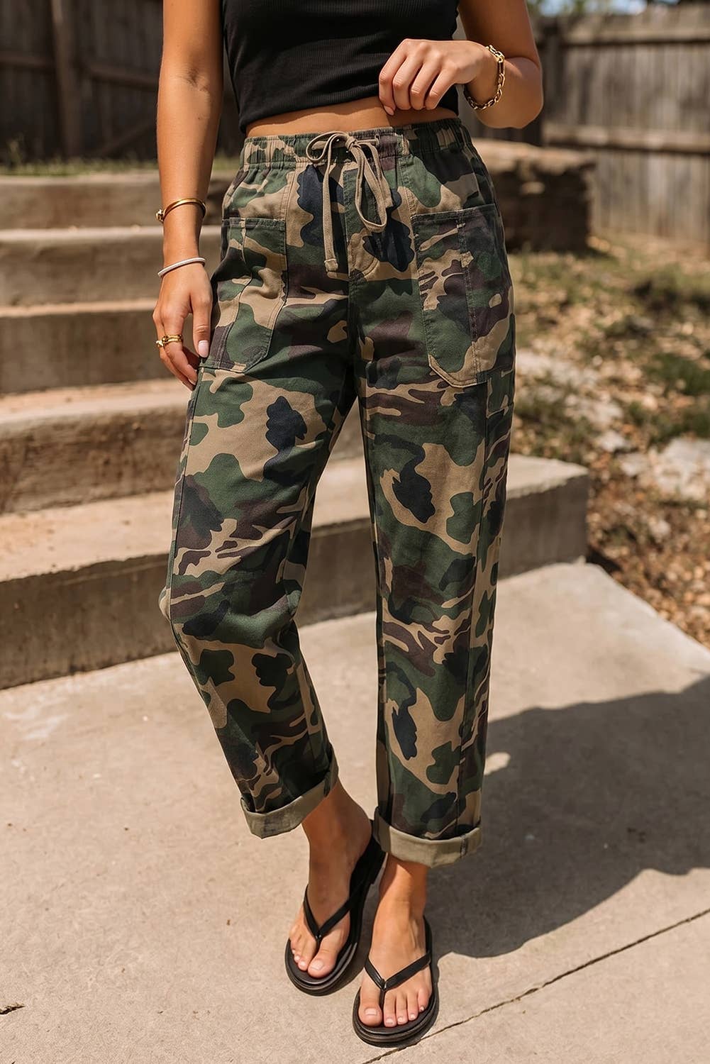 Fashio Camouflage Print Drawstring Patch Pocket Barrel Jeans: Green / 14