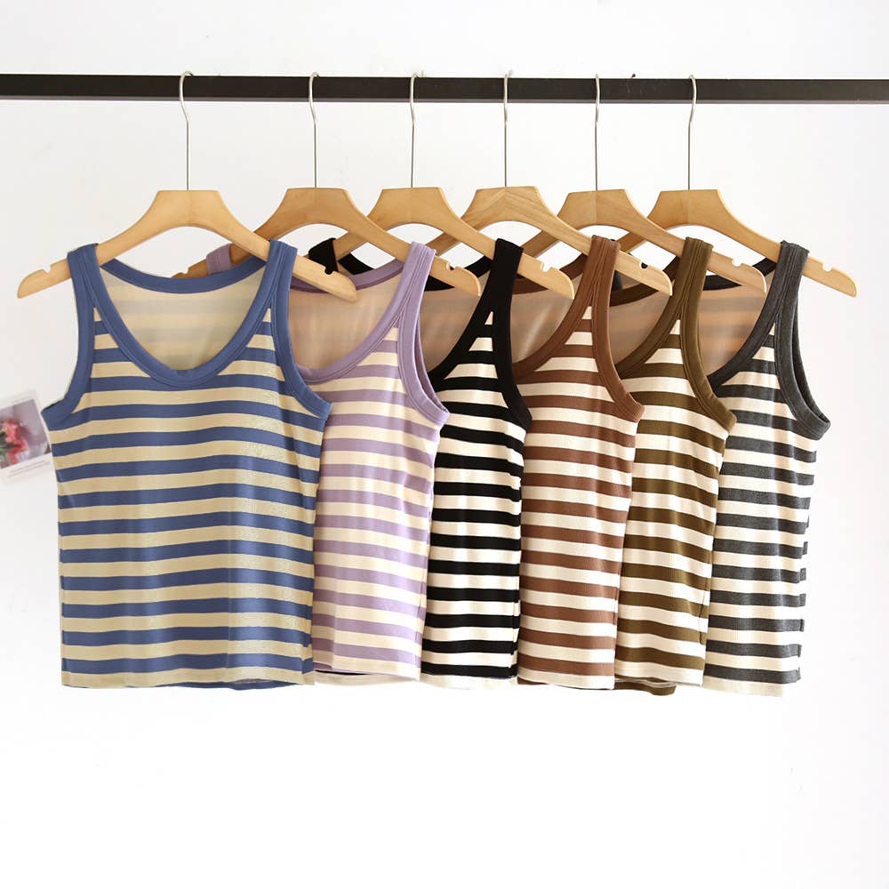 Stripe scoop neck rib knit built-in bra tank top: Black / L