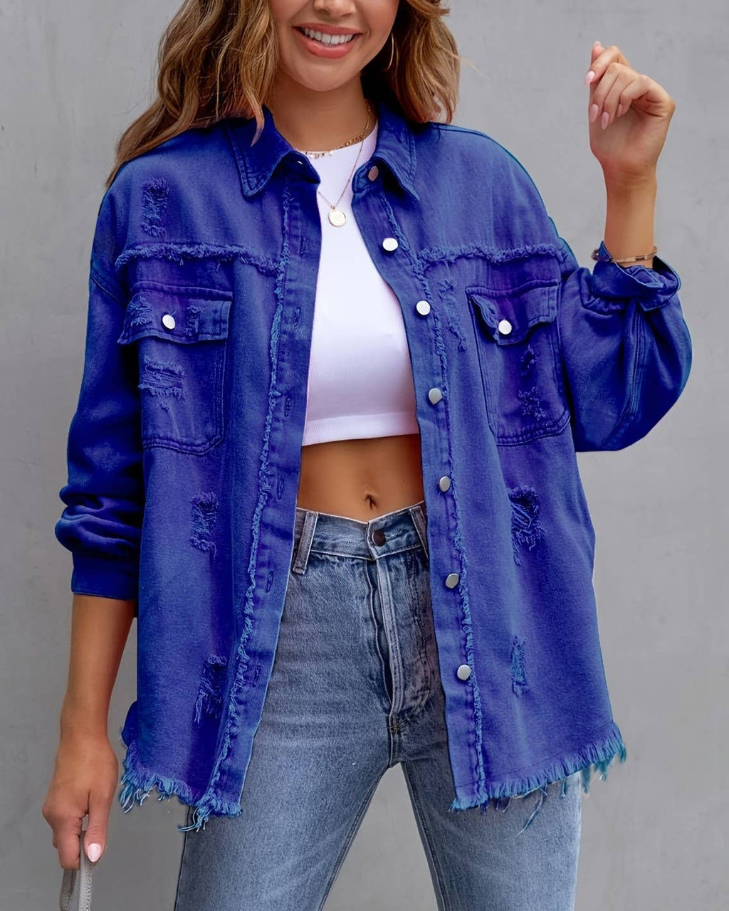 Ripped Long-Sleeved Denim Jacket: Black / XL