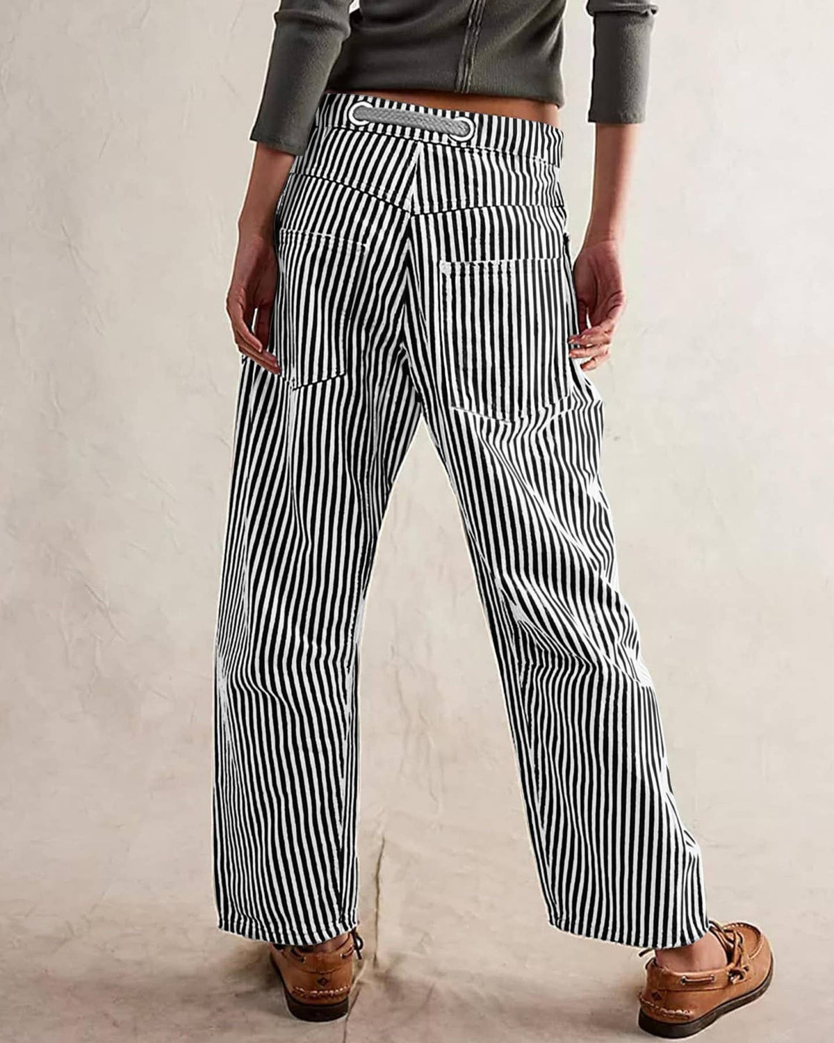 Fashion Mid-Rise Casual Striped Drawstring Wide-Leg Pants: Black / S
