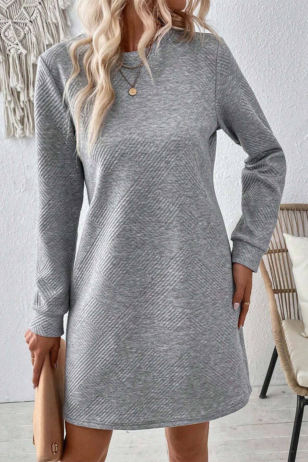 Customizable Solid Color Textured Long Sleeve Shift Dress: Gray / 97%Polyester+3%Elastane / L