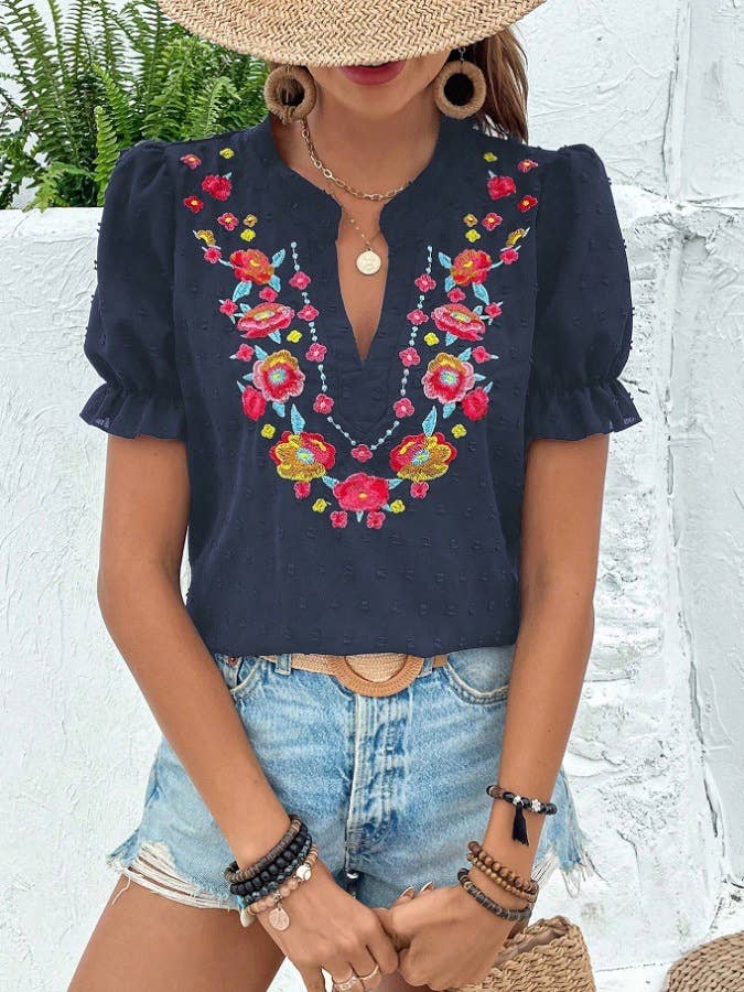 Boho Embroidered Floral Ruffle Top: NavyBlue / M