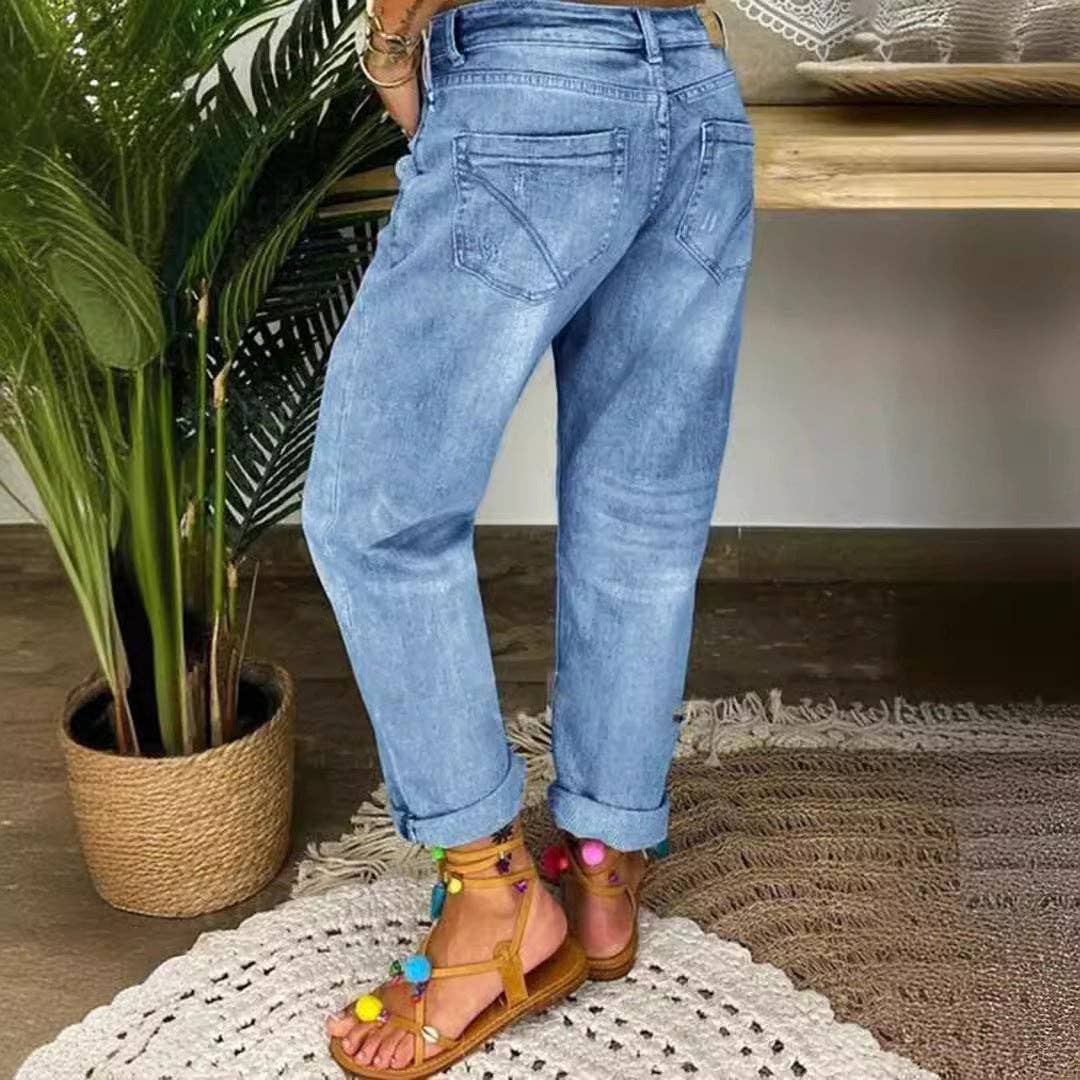 Women's Casual Blue Ripped Loose-Fit Jeans: Blue / M