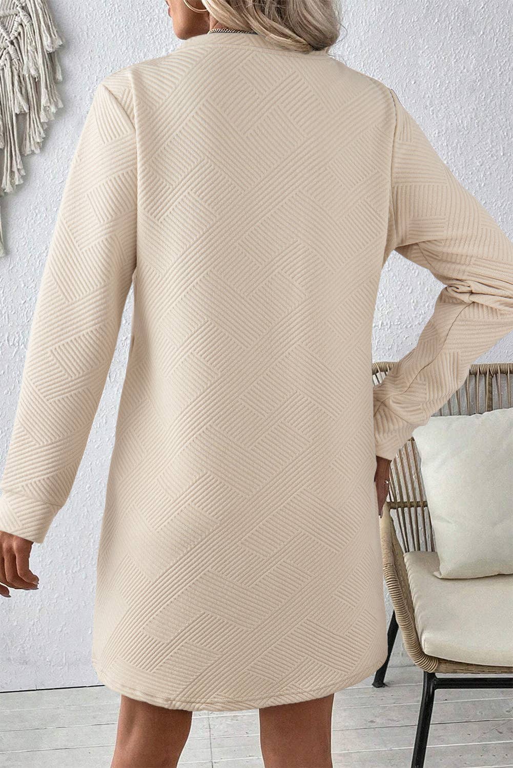 Customizable Solid Color Textured Long Sleeve Shift Dress: Gray / 97%Polyester+3%Elastane / L