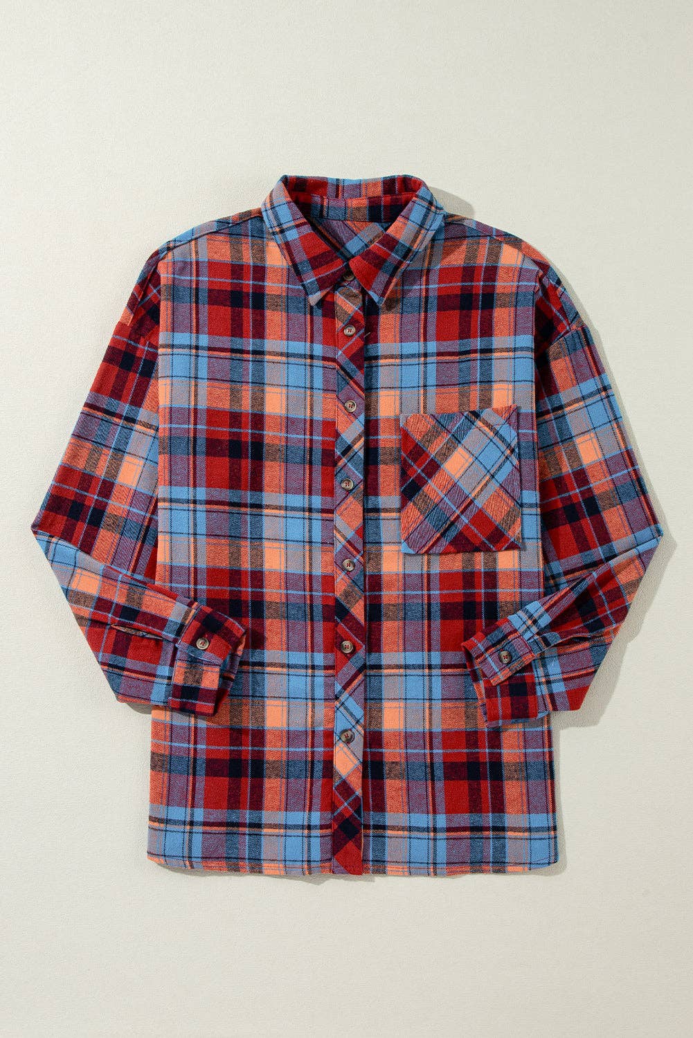 Women's Plaid Print Loose Vintage Shirt: Red / 100%Cotton / S