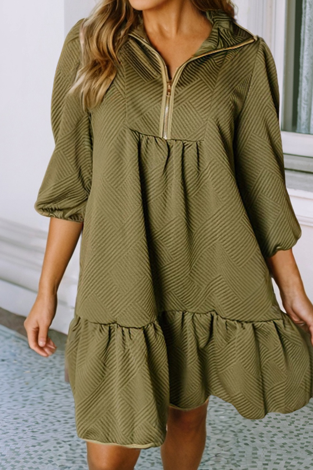 LDC Quarter Zip Collar Bracelet Sleeve Textured Mini Dress: Desert Gold / M
