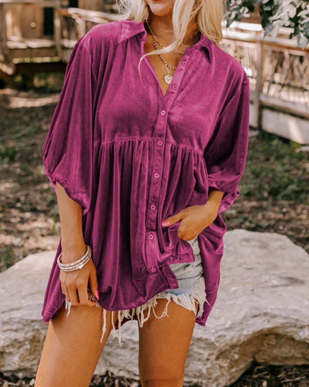 Velvet 3/4 Sleeve Tunic Babydoll Shirt: Pale Khaki / 95%Polyester+5%Elastane / S