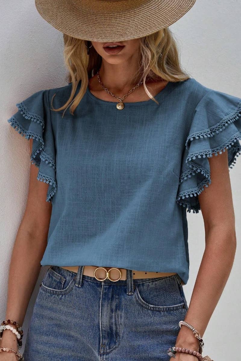 CWTBLS1120_SUMMER BAGGY BAT-SLEEVED SHORT-SLEEVED TOP: NAVY / (M) 1