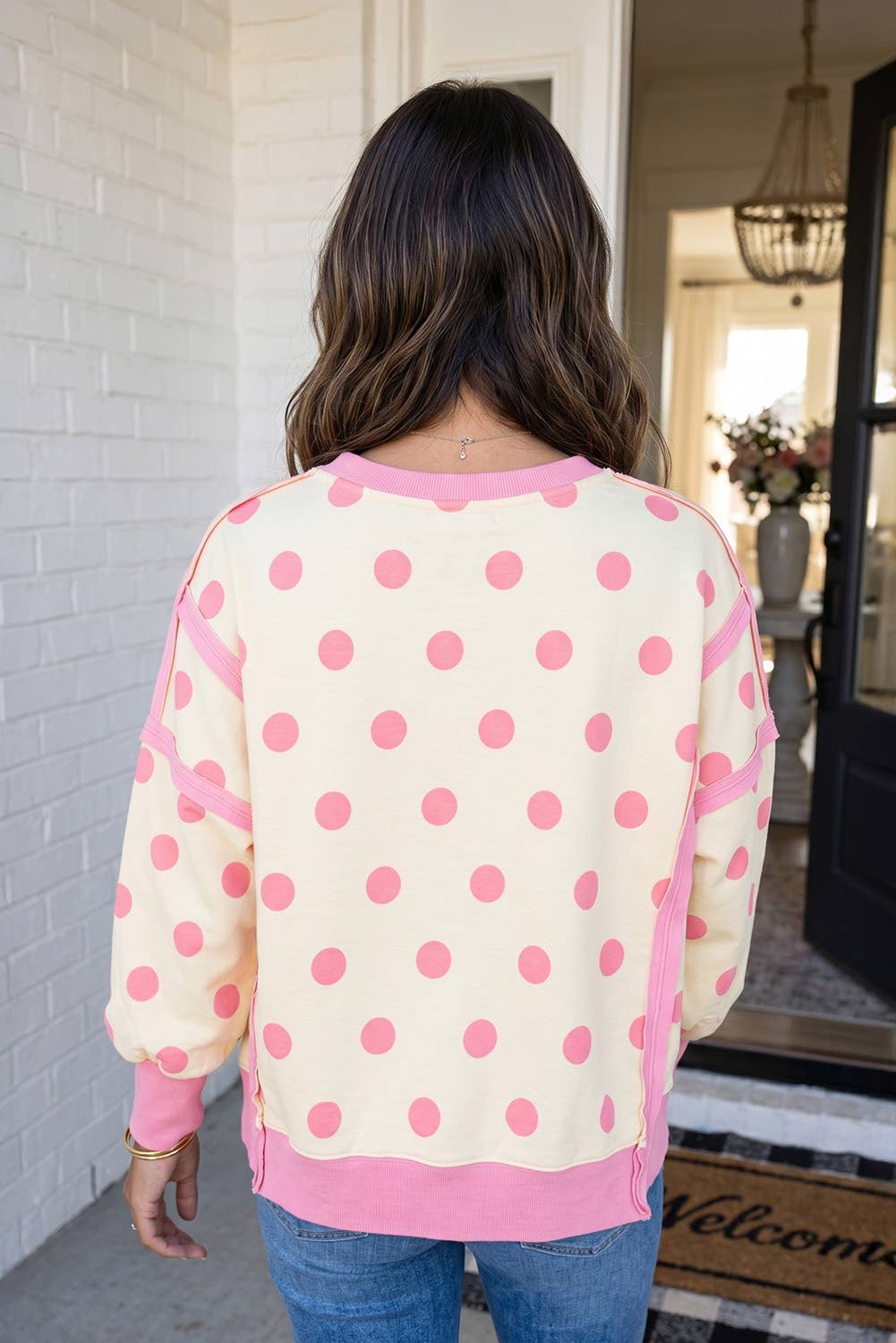 LAS Polka Dot Patchwork Split Hem Casual Sweatshirt (S-XL): White / L
