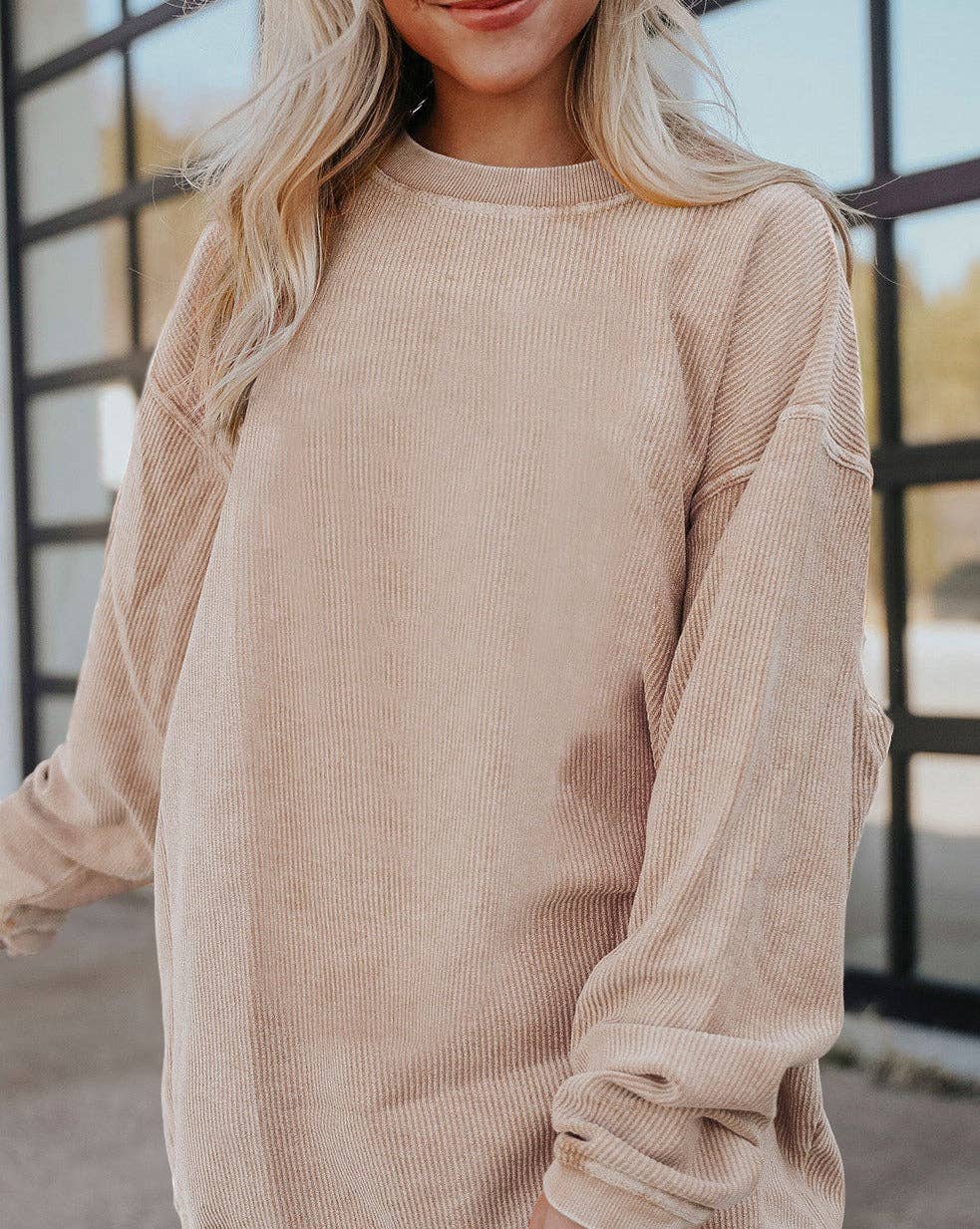 Ribbed Corded Oversized Sweatshirt: Black / 100%Polyester / L