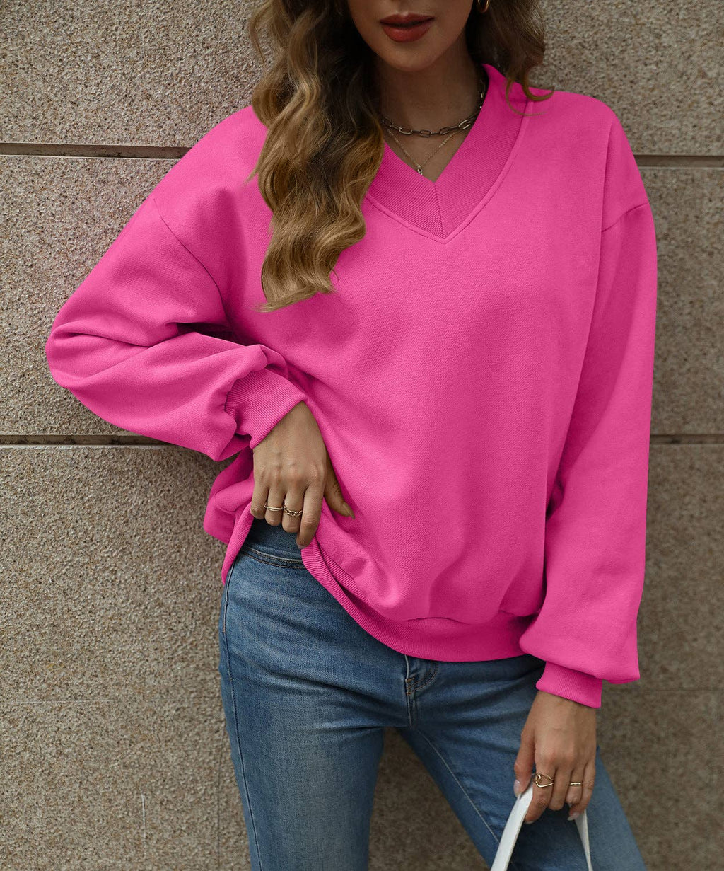 Solid Sweatshirt Casual Oversized V-Neck Pullover: Magenta / 35%Cotton+65%Polyester / M