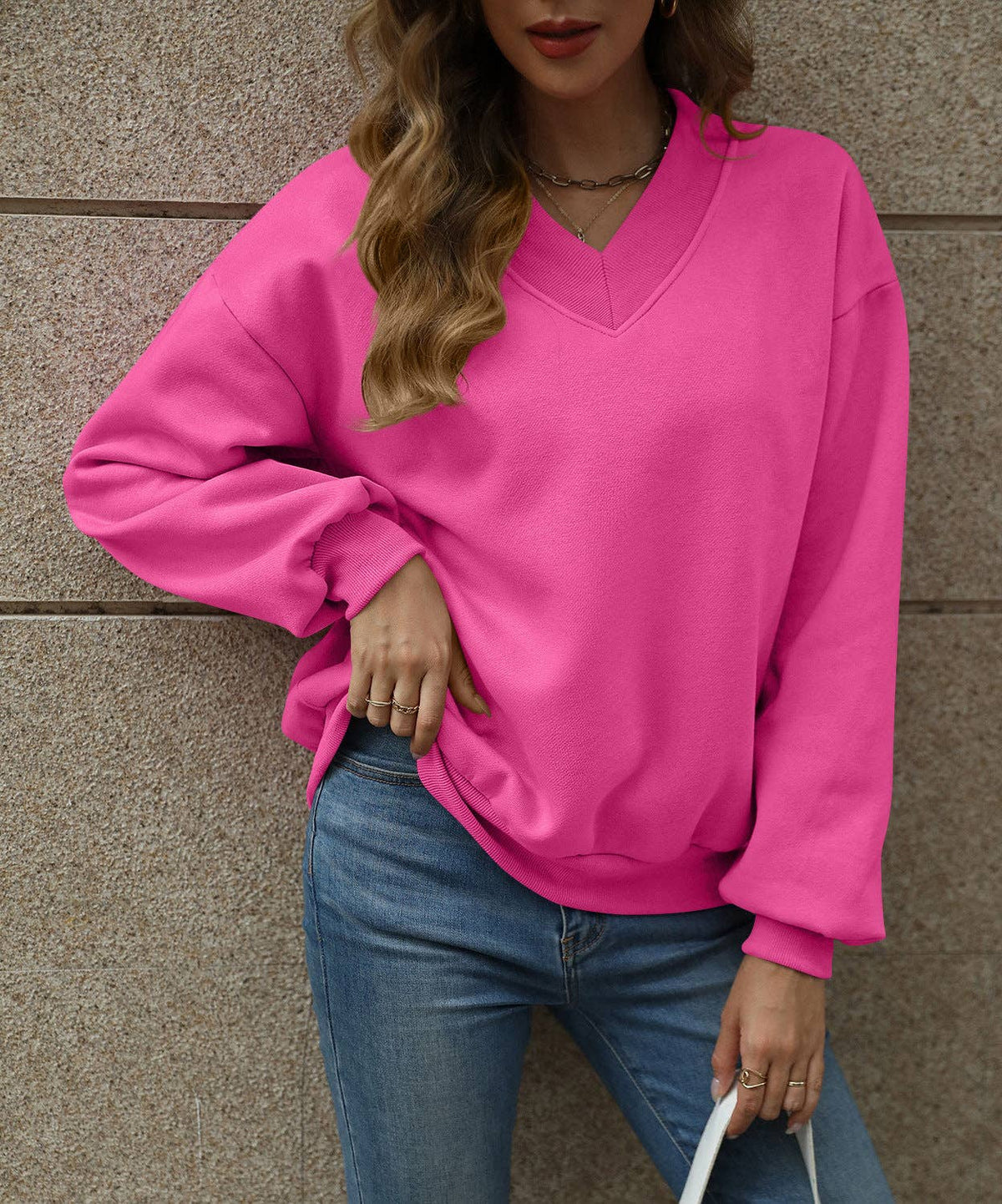Solid Sweatshirt Casual Oversized V-Neck Pullover: Magenta / 35%Cotton+65%Polyester / M