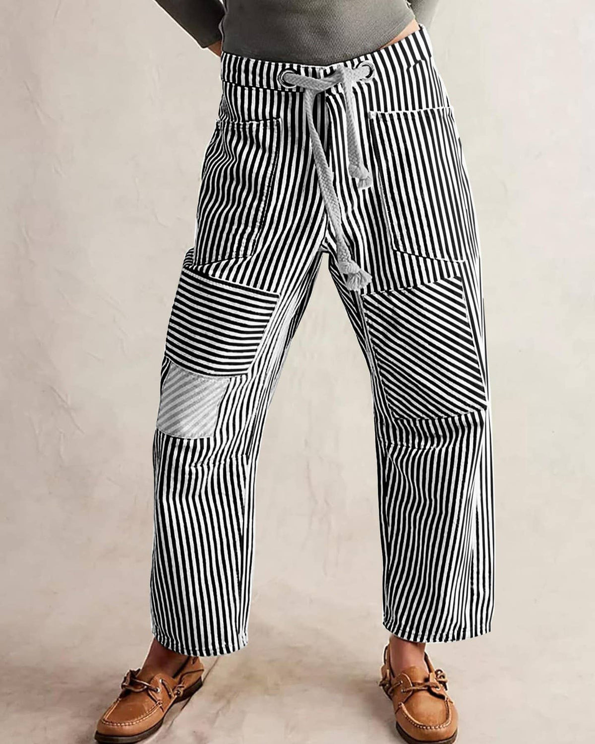 Fashion Mid-Rise Casual Striped Drawstring Wide-Leg Pants: Black / S