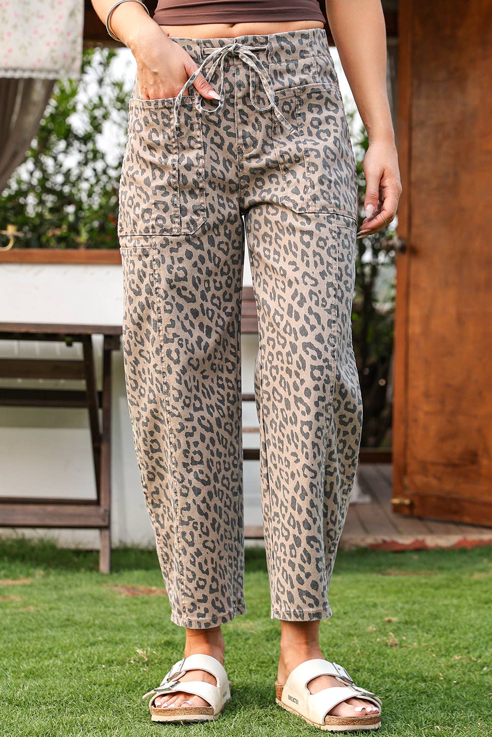 Fall 2026 Leopard Drawstring Waist Pocketed Wide Leg Jeans: As shown / Missy / 8