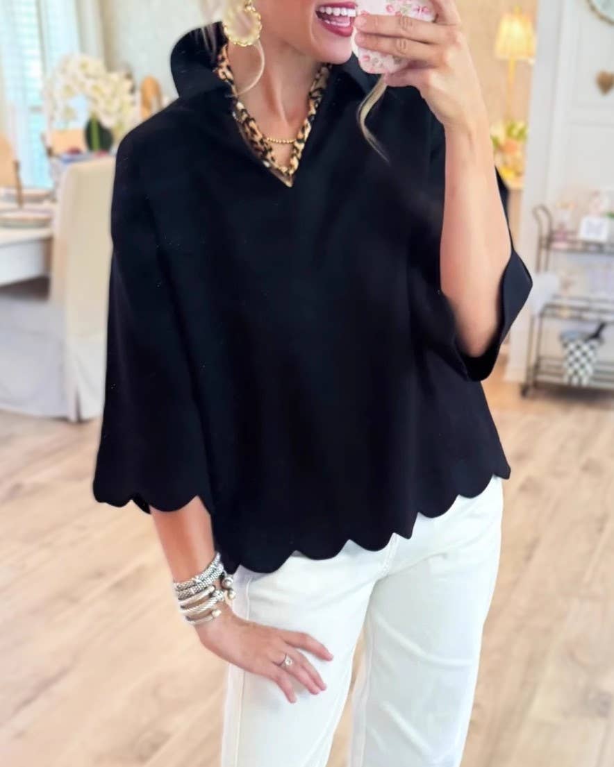 Leisure Chic Scallop Hem Detail Cozy Top: Black / L