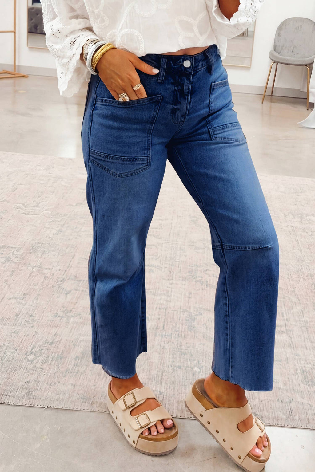 Solid Frayed Regular Cropped Light Wash Denim Jeans 4-4X: Beau Blue / 8