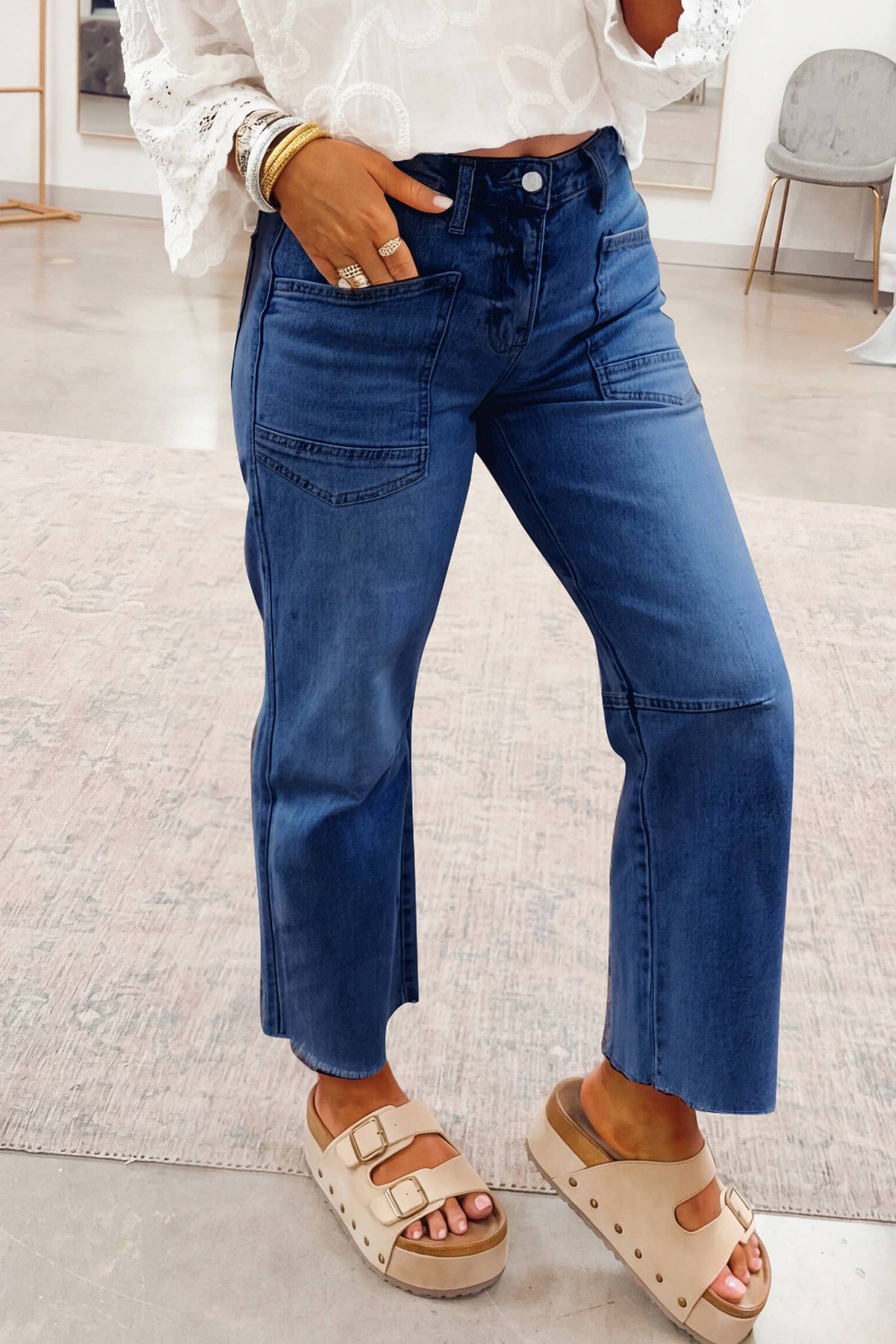 Solid Frayed Regular Cropped Light Wash Denim Jeans 4-4X: Beau Blue / 8