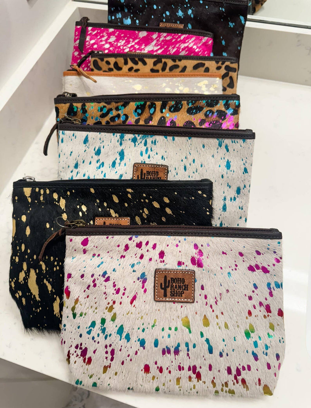Western Cowhide Makeup Bag Travel: LEOPARD + RAINBOW