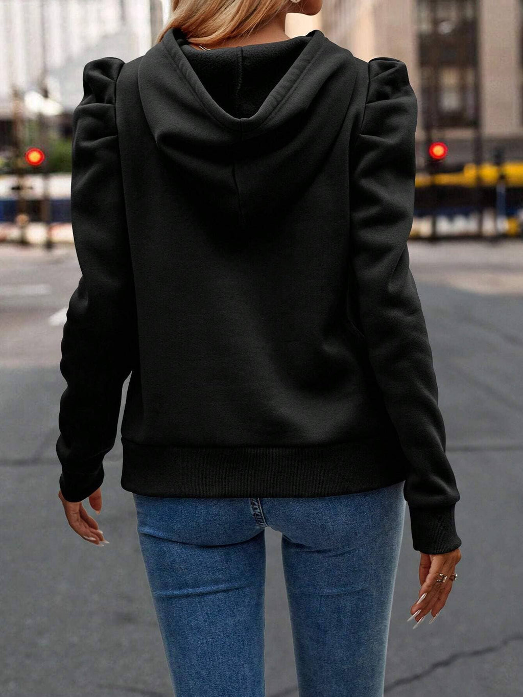 Hooded Solid Color Casual Sweatshirt: Blue / XXL