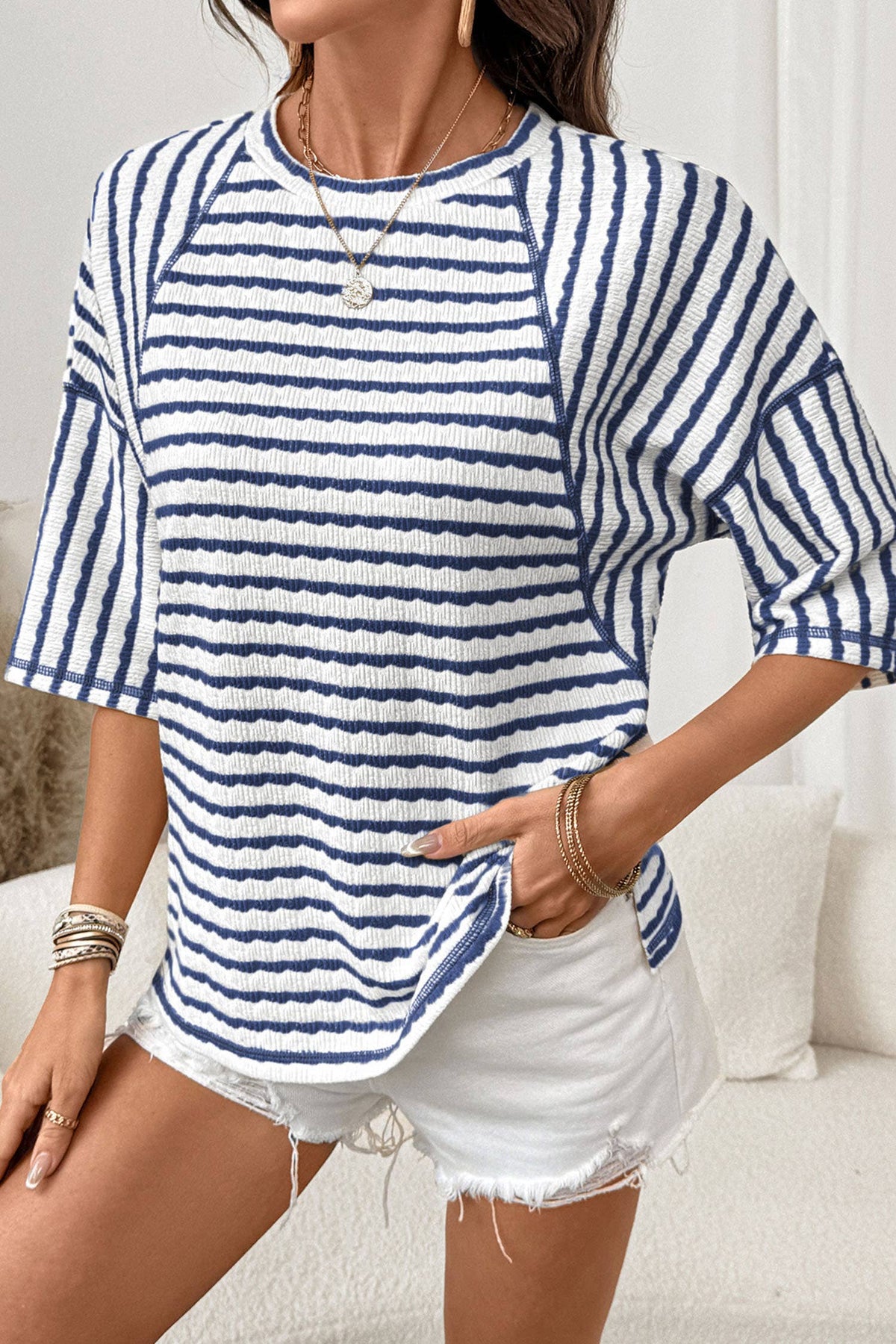 Stripe Textured Knit Split Hem Half Sleeve Top | S-4X: Pink Stripe / Plus-1X