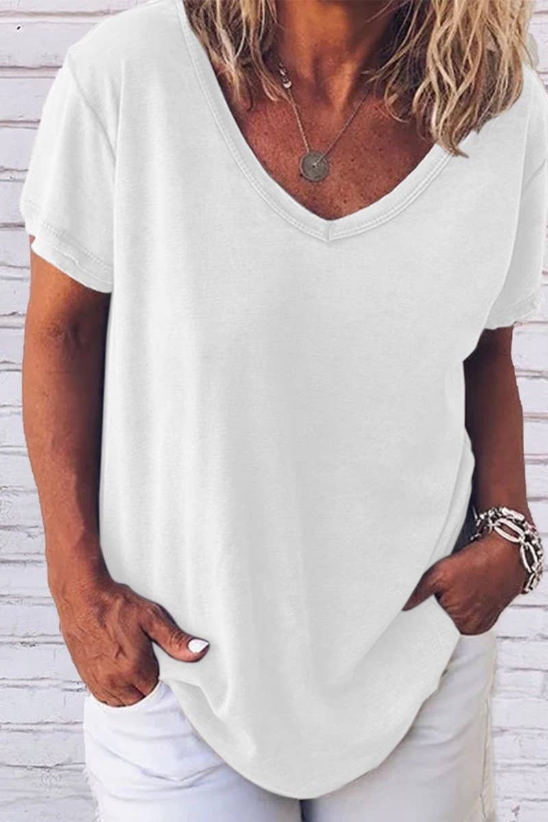 CWTTS1057_V NECK SOLID COLOR CASUAL SHORT SLEEVED T SHIRT: Blue / (XXL) 1