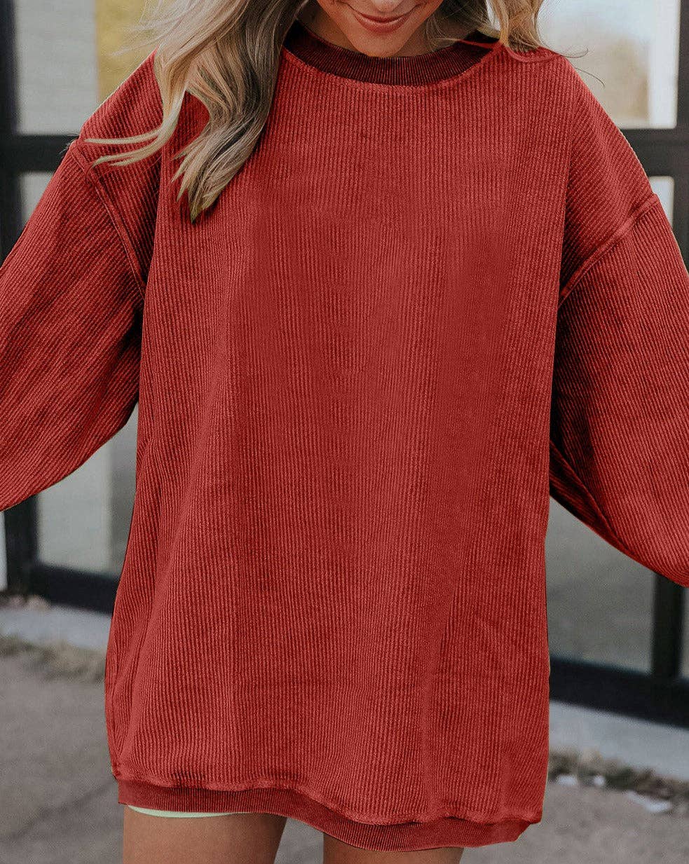 Ribbed Corded Oversized Sweatshirt: Grass Green / 100%Polyester / M