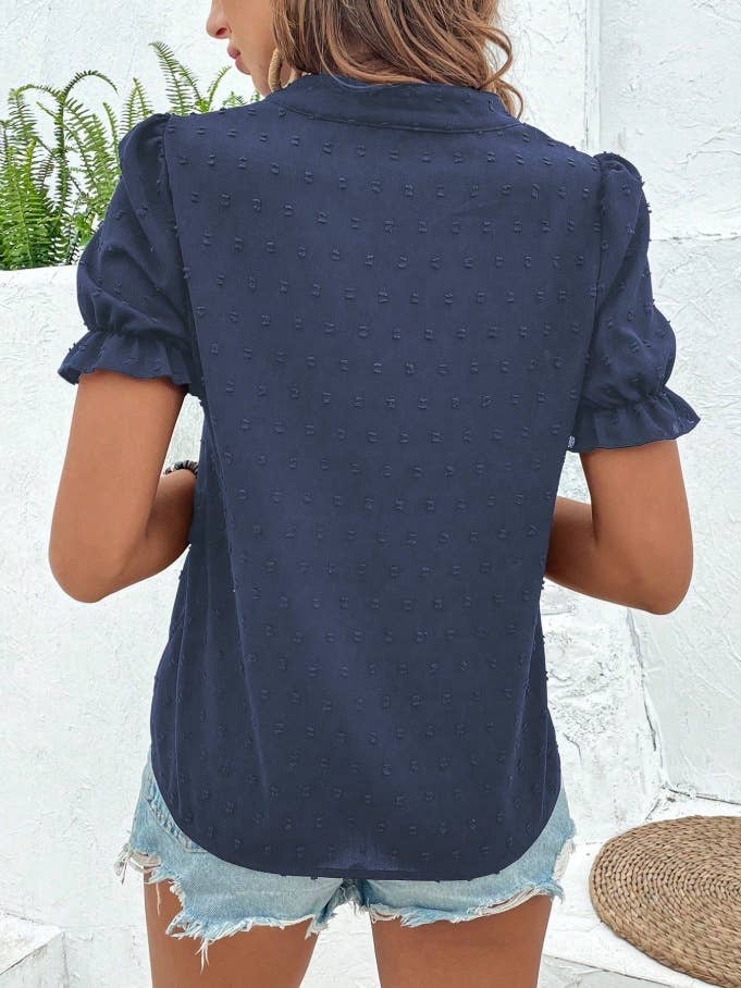 Boho Embroidered Floral Ruffle Top: NavyBlue / M