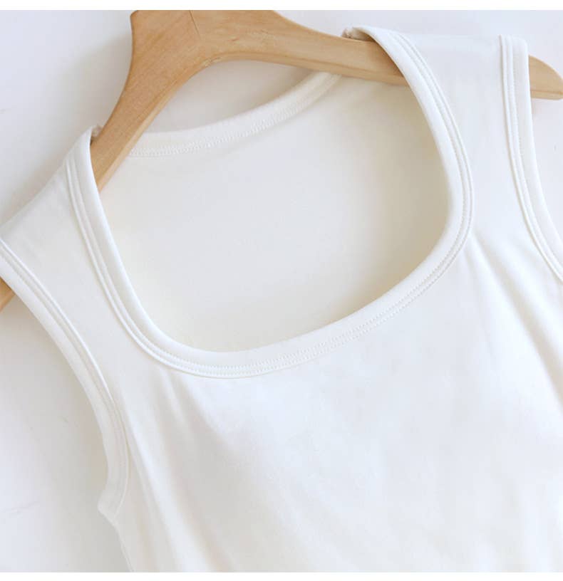 Queen-anne neck cotton blend built-in bra tank top: Black / L