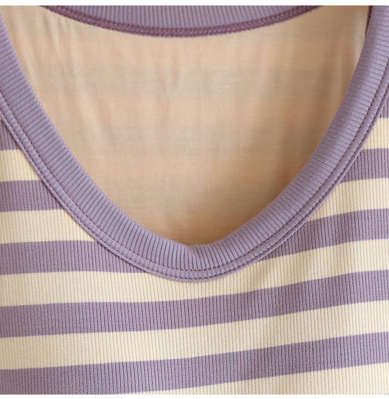 Stripe scoop neck rib knit built-in bra tank top: Black / L