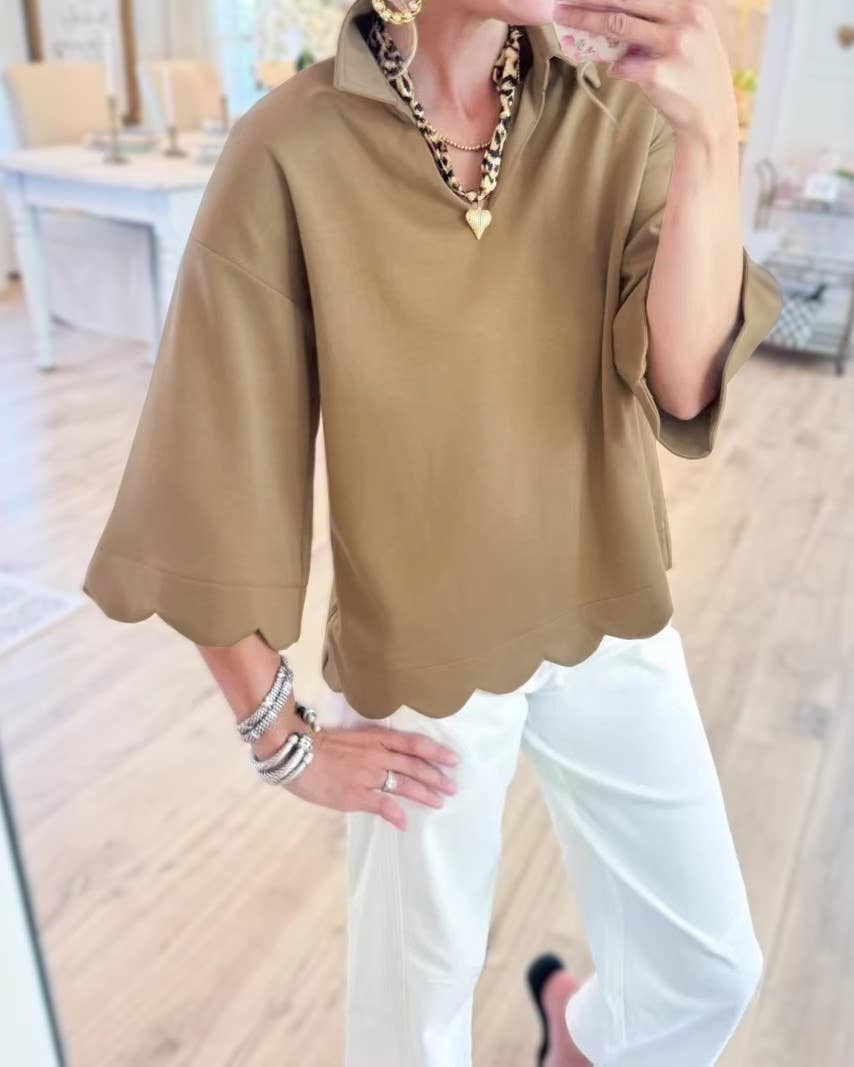 Leisure Chic Scallop Hem Detail Cozy Top: Black / L