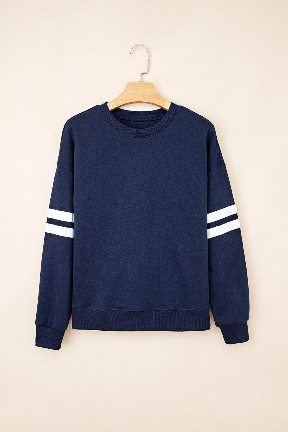 Varsity Striped Detail Drop Shoulder Oversized Sweatshirt: Navy Blue / 65%Polyester+35%Cotton / S