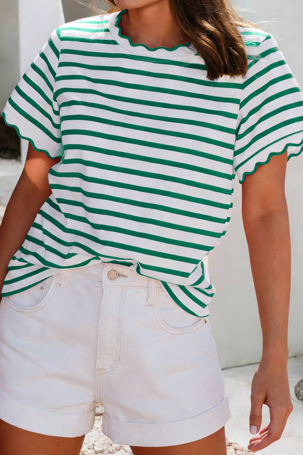LDC Spring Scalloped Trim Round Neck Stripe T Shirt| S-4X: Green Stripe-2 / M
