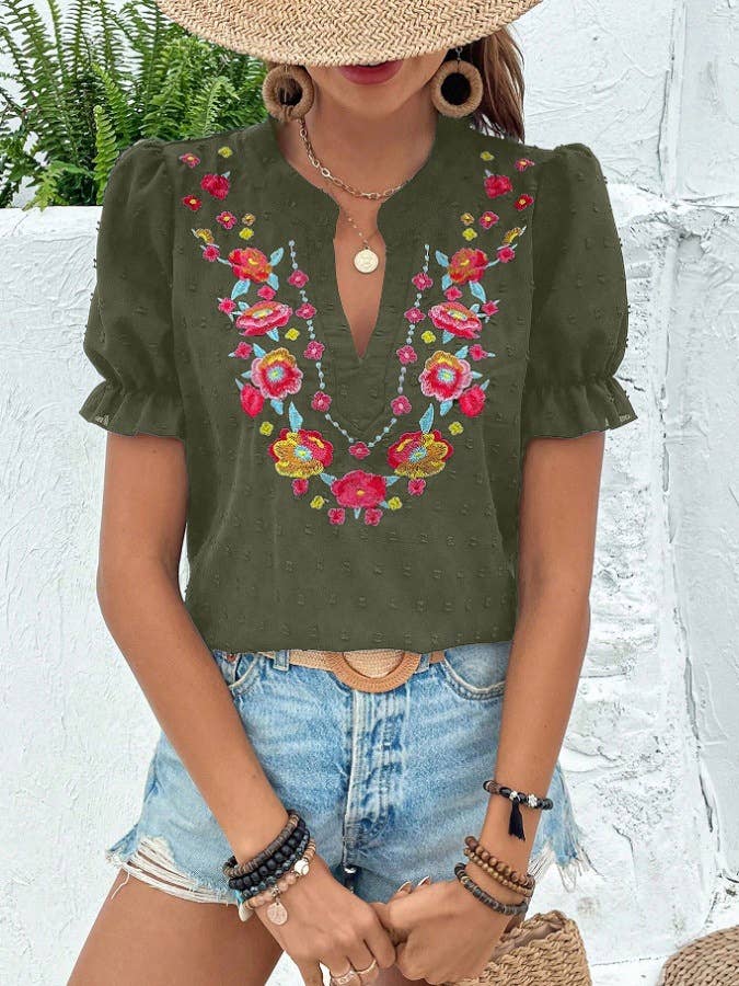 Boho Embroidered Floral Ruffle Top: NavyBlue / M