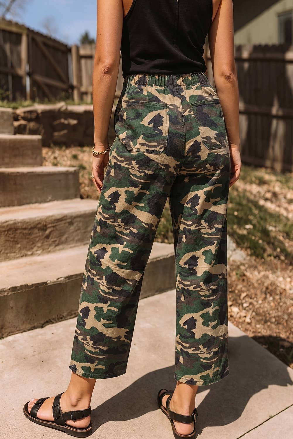 Fashio Camouflage Print Drawstring Patch Pocket Barrel Jeans: Green / 14