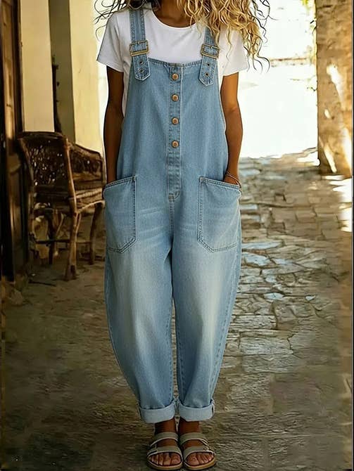 Washed Denim Overalls Adjustable Strap Relaxed Fit: Blue / M