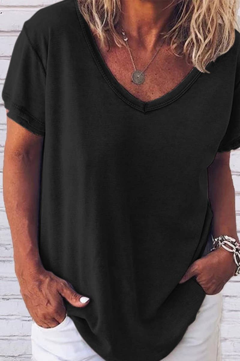CWTTS1057_V NECK SOLID COLOR CASUAL SHORT SLEEVED T SHIRT: Pink / (M) 1