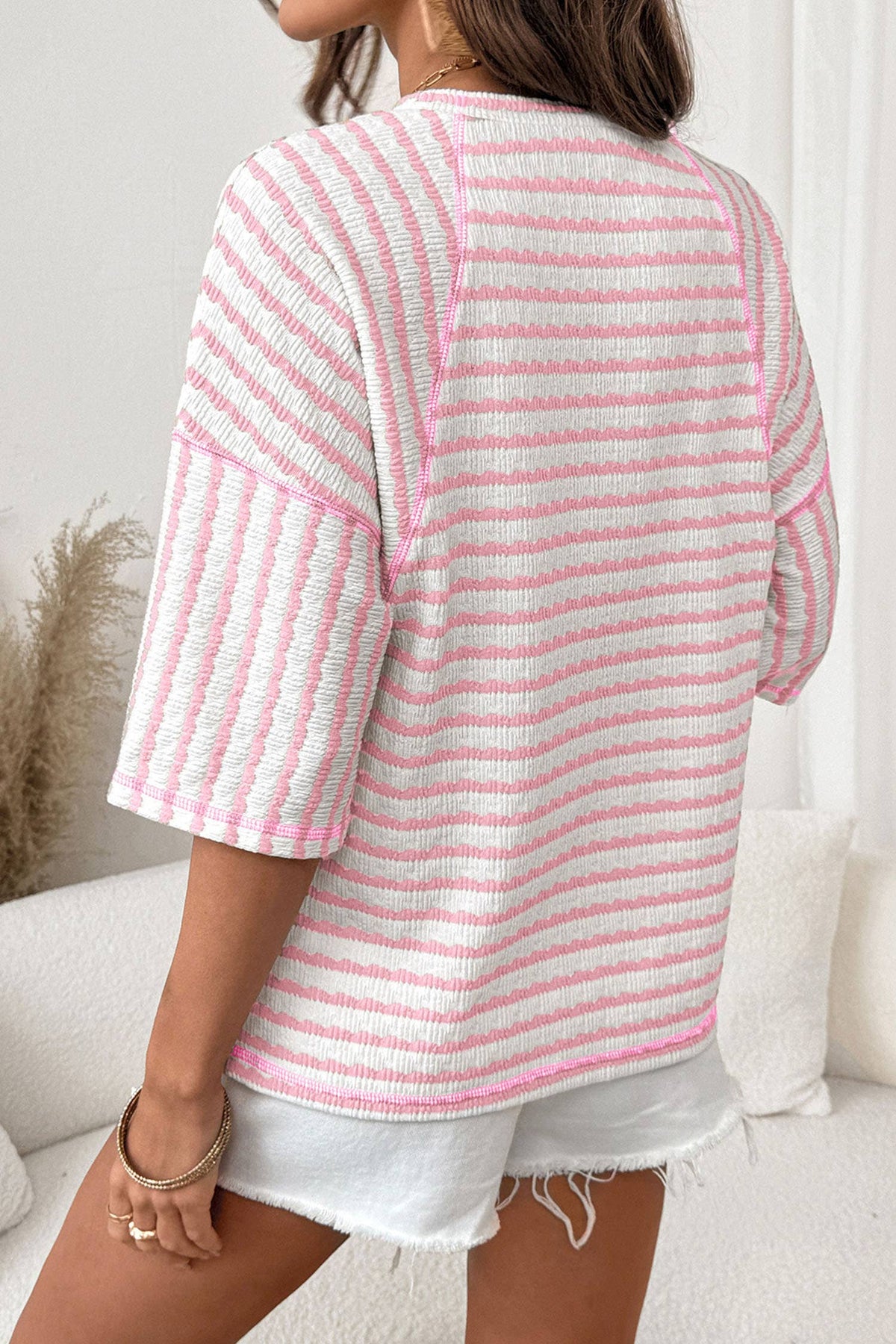 Stripe Textured Knit Split Hem Half Sleeve Top | S-4X: Sky Blue Stripe / XL