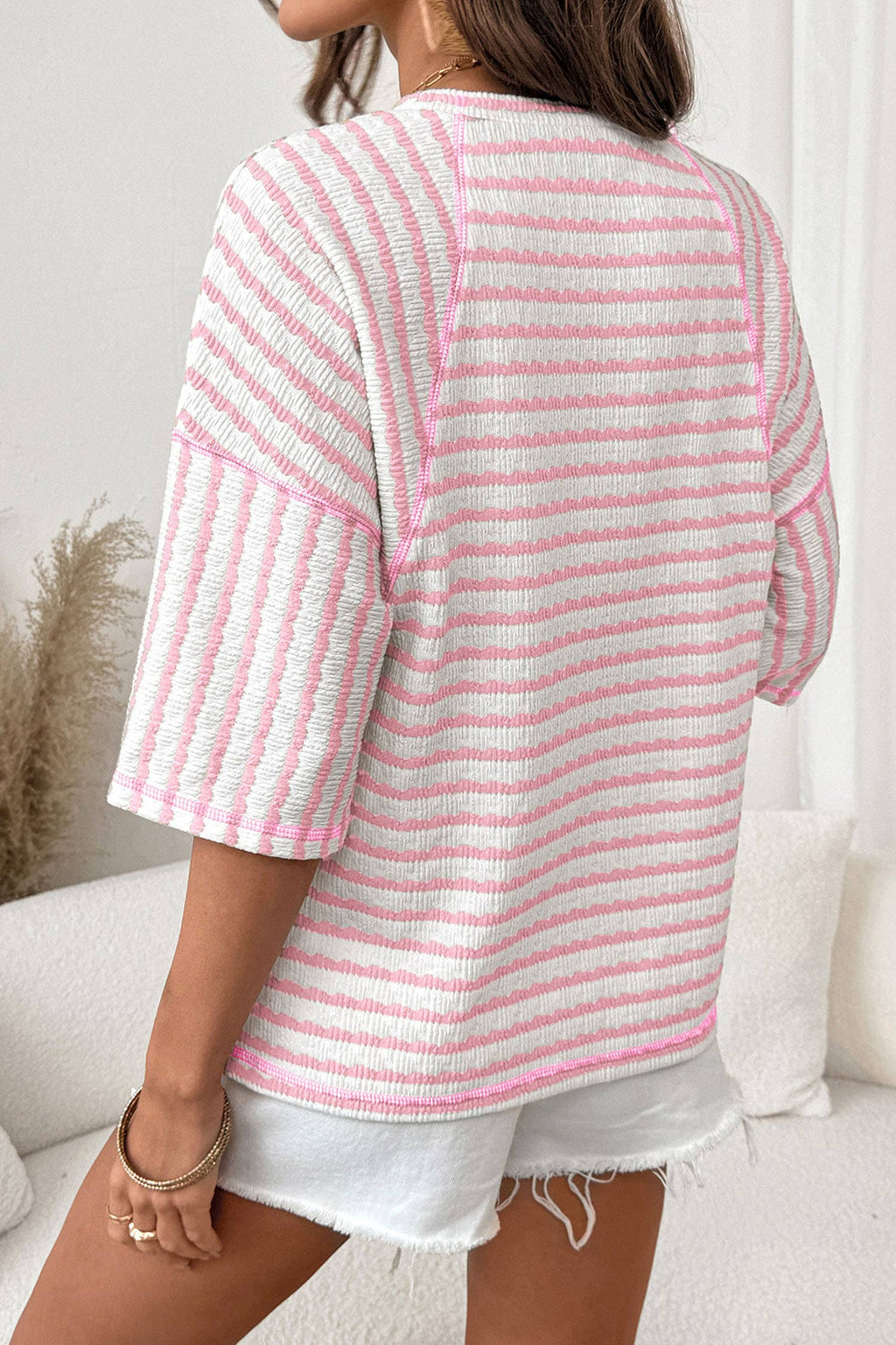 Stripe Textured Knit Split Hem Half Sleeve Top | S-4X: Pink Stripe / XL