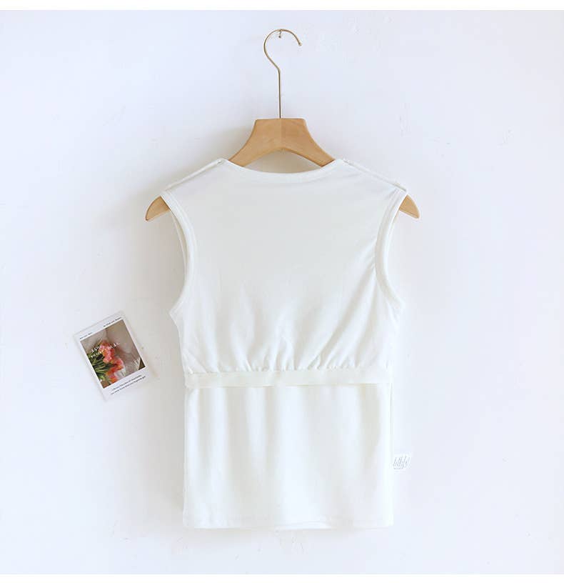 Queen-anne neck cotton blend built-in bra tank top: White / XL