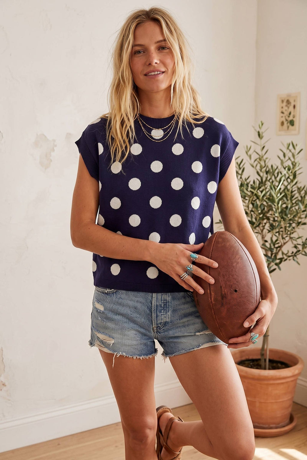 Gameday Polka Dot Sleeveless Knit Top: NAVY/WHITE / M