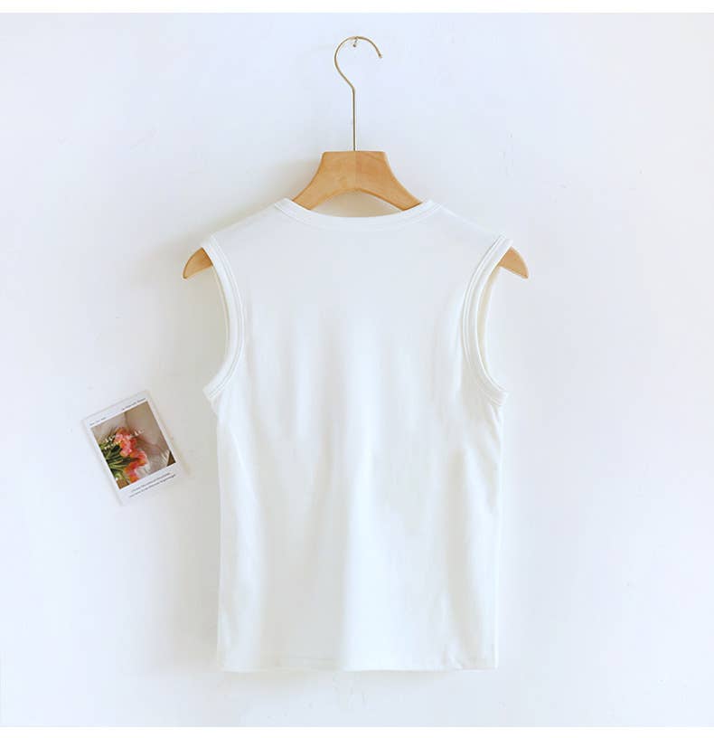 Queen-anne neck cotton blend built-in bra tank top: Black / L