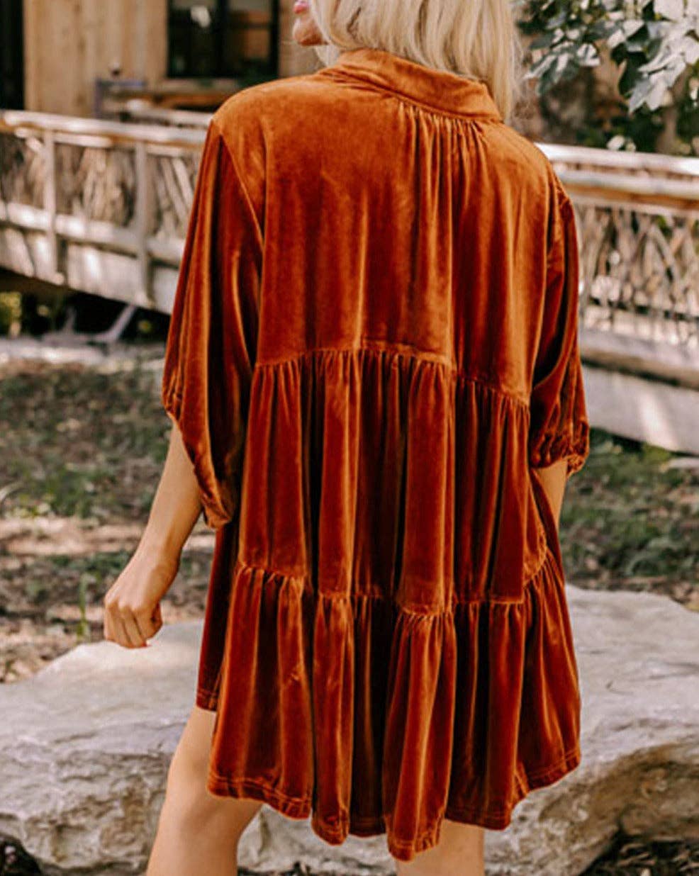 Velvet 3/4 Sleeve Tunic Babydoll Shirt: Pale Khaki / 95%Polyester+5%Elastane / S