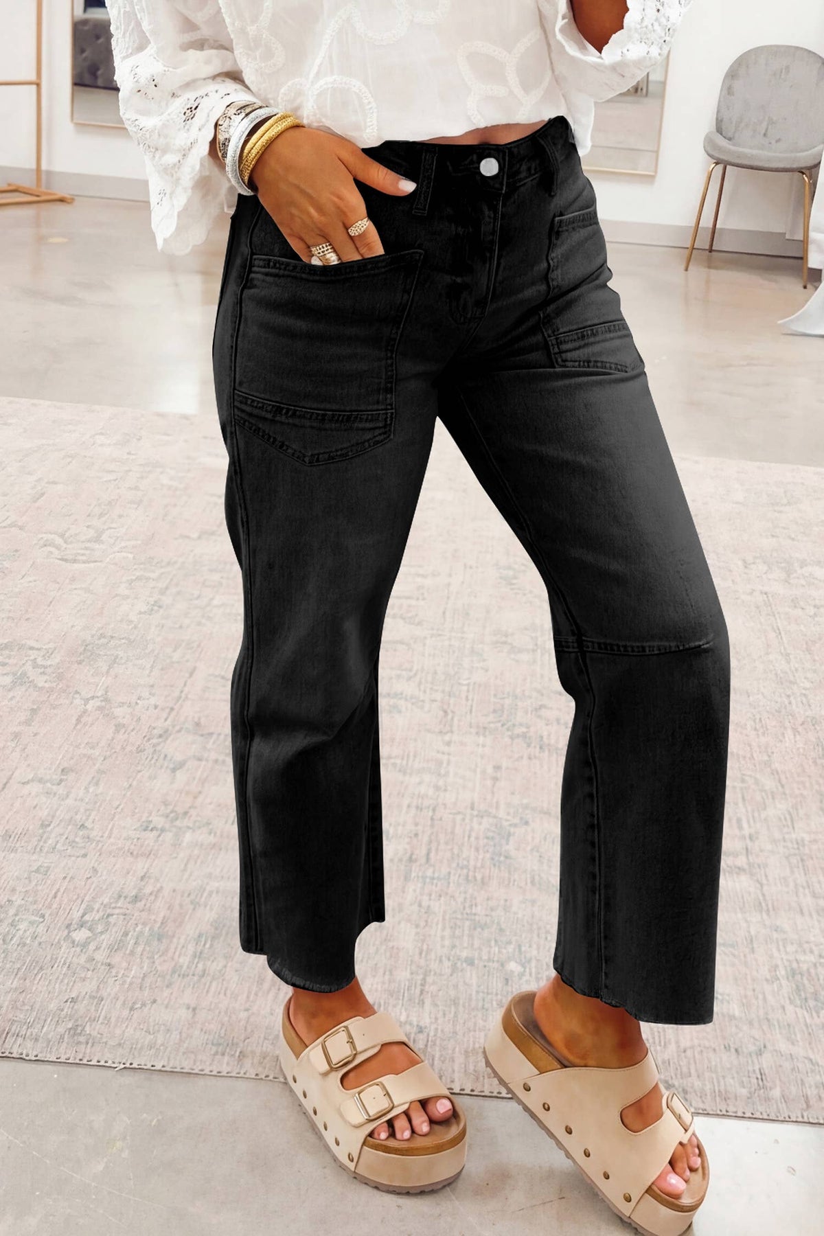 Solid Frayed Regular Cropped Light Wash Denim Jeans 4-4X: Beau Blue / 8