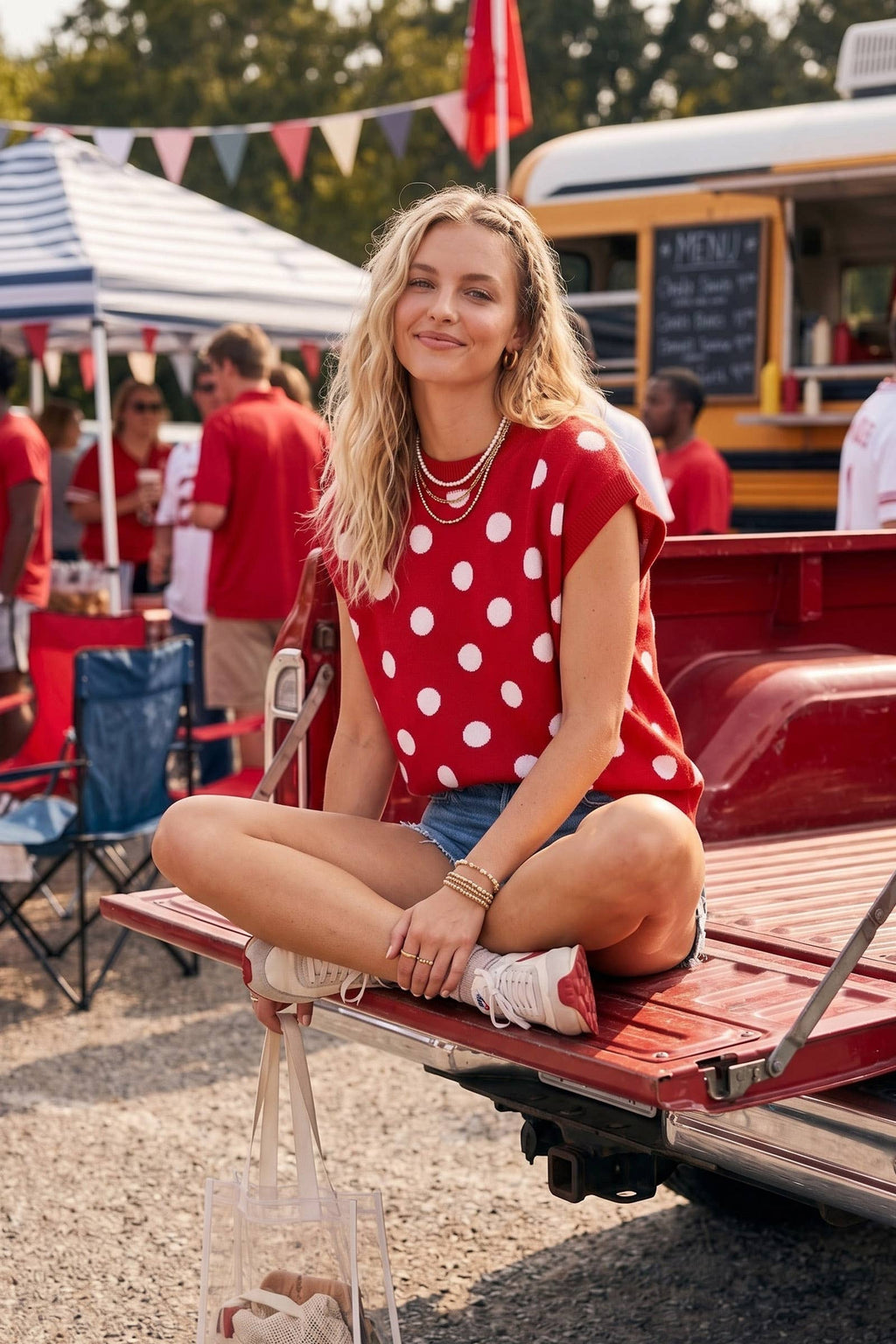 Gameday Polka Dot Sleeveless Knit Top: NAVY/WHITE / M
