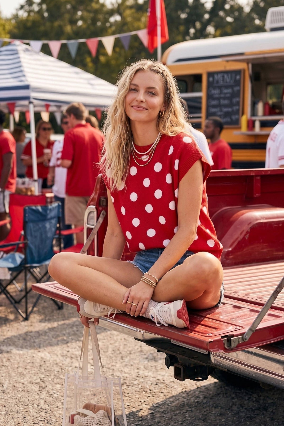 Gameday Polka Dot Sleeveless Knit Top: NAVY/WHITE / M