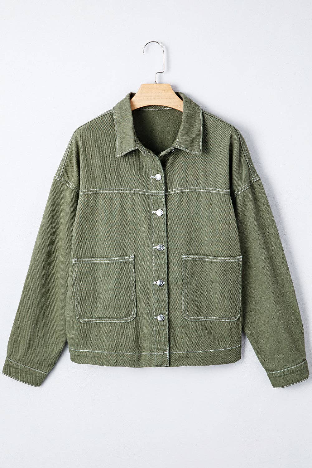 Smoke Green Patched Pocket Collared Button Front Boyfriend Denim Jacket: Smoke Green / 100%Cotton / M